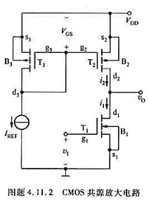 CMOS共源放大电路如图题4.11.2（主教材图4.6.8a)所示，将电流源IREF换成电阻RREF