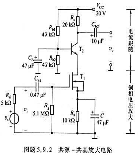 共源-共基放大电路如图题5.9.2所示。设T1管的参数为：Kn=300μA/V2，W=240μm，L