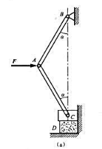 题4-6图（a)所示为平面压榨机构。在铰A处作用一水平力F，通过杆AC使滑块C将物体压紧，滑块与墙壁