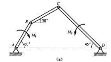 题4-12图（a)所示四连杆机构处于平衡状态。已知AB=0.1m, CD=0.22m,M,=0.4N
