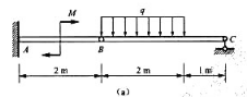 在题4－26图（a)所示连续梁中，已知q=15kN／m，M=20kN·m,不计梁重，求梁在A，B和C