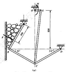 题4-34图（a)所示矿石破碎机构由在O点的电机驱动。在图示位置时矿石对活动夹板AB的作用力为F=1
