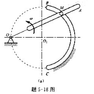 如题5-18图（a)所示，摇杆滑道机构中的滑块M同时在固定凤弧槽BC和摇杆OA的滑道中滑动。BC弧的