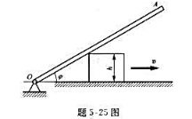 题5-25图所示机构中，高为h的木箱以等速v沿水平方向运动，杆OA靠在木箱上，绕轴O转动。初瞬时杆O