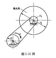 抛丸机的传动系统如题5-31图所示，轮1和2用皮带传动，已知D1=218mm，D2=140mm, D