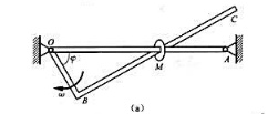 题6-10图（a)所示，直角曲杆OBC绕O轴转动，使套在其上的小环M沿固定直杆OA滑动。已知OB=0