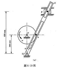 题6-19图（a)所示机构，已知主动轮O转速为n=30r/min,轮的边缘处有一销钉A置于带有滑槽的
