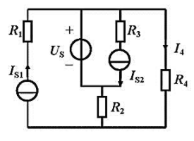 图示电路已知Us=4V，Is1=1A， R1=2Ω， R2=5Ω， R3=2Ω，R4=4Ω。试根据题