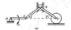 题7-16图（a)所示平面机构，杆OA长为l，以角速度w绕O轴转动从而带动半径为r的轮C沿水平直线作