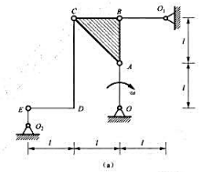 题7-17图（a)所示平面机构，杆OA以角速度w绕O轴转动，尺寸如图所示。试求杆CDE和板ABC的角