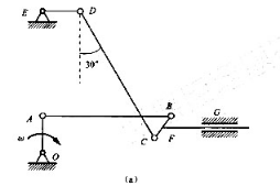 题7-18图（a)所示平面机构，杆OA以角速度w绕O轴转动，已知CD=6r,OA=DE=r,试求滑杆