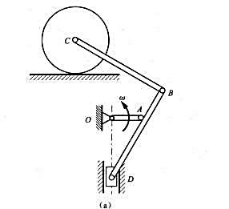 题7-34图（a)所示平面机构，半径为R的圆轮在直线轨道上作纯滚动。OA杆以匀角速度w转动，OA=R