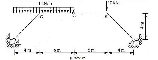 图3-2-112所示一三铰刚架,在所示荷载作用下,试:（a)求支座反力.（b)求截面D和E的弯矩.（