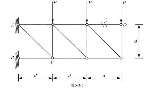已知图5-3-6中桁架各杠EA相同,在图示荷载下,样的轴力为（),C点的竖向位移为（).已知图5-3