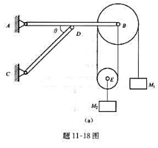 题11-18图（a)所示构架滑轮机构中，重物M1和M2的质量分别为2m和m，略去各杆及滑轮B和E的题
