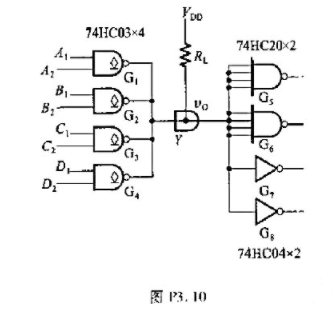 图P3.10中的 是OD输出结构的与非门74HCO3,它们接成线与结构.试写出线与输出Y与输入之间的