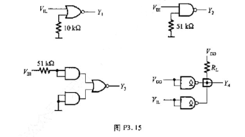说明图P3.15中齐门电路的输出是高电平还是低电平.已知它们都是74HC系列的CMOS电路.请帮忙给