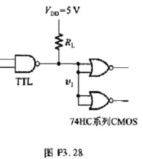 图P3.28是用TTL电路驱动CMOS电路的实例,试计算上拉电阻RL的取值范围.TTL与非门在时的最