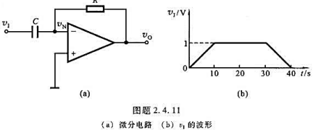 微分电路如图题2.4.11a所示,输入电压v1如图题2.4.11b所示,设电路R=10kΩ,C=10