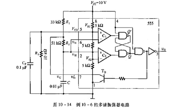 图10-14是用555定时器接成的多谐振荡器,电路参数如图中所示.要求（1)计算电路的振荡頻率.（2