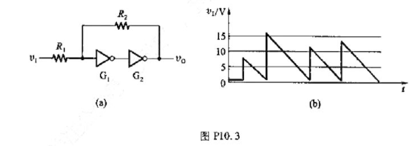 在图P10.3（a)所示的施密特触发器电路中,已知R1=10kΩ,R2=30kΩ.G1和G2为CMO