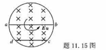 如题11.15图所示，在垂直于直螺线管管轴的平面上放置导体ab于直径位置，另一导体cd在一弦上，导体