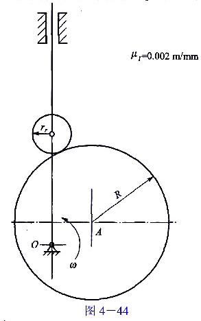 图4-44所示为对心直动滚子从动件盘形凸轮机构,凸轮为一偏心圆盘.已知圆盘半径R=40mm,该圆盘的
