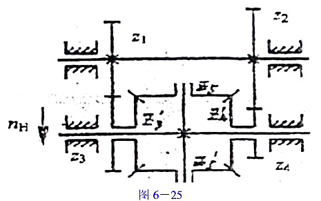 如图6-25所示的轮系,已知z1=z3=30,z2=40,z4=20,并且nH=300rpm.求:n