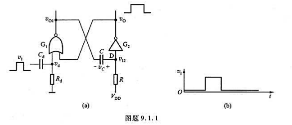 微分型单稳态电路如图题9.1.1所示，已知C=0.01μF，R=9.1kΩ，电源电压VOD=10V。