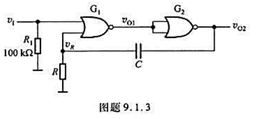 图题9.1.3所示电路是用CMOS或非门构成的单稳态触发器的另一种形式。试回答下列问题：（1)分析电
