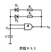 由集成施密特CMOS与非门电路组成的脉冲占空比可调多谐振荡器如图题9.3.3所示。设电路中R1、R2