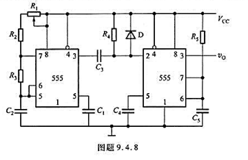 图题9.4.8电路为两个555定时器构成的频率可调而脉宽不变的方波发生器，试说明工作原理;确定频率变