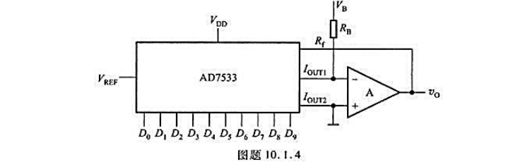 由AD7533组成双极性输出D/A转换器如图题10.1.4所示。（1)根据电路写出输出电压v0的表达