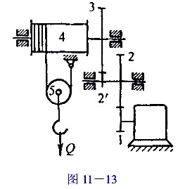在图11-13所示的电动卷扬机中,已知每一对齿轮的效率η1,2和η2,3以及鼓轮的效率η4均为0.9