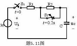 题5.11图所示电路中，US=100V，R1=5kΩ，R2=20kΩ，C=20uF，t=0时S1闭合