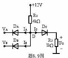 在题6.9图所示电路中，设各二极管均为理想二极管，求下列三种情况下的输出电压U0和通过各二极管的电流