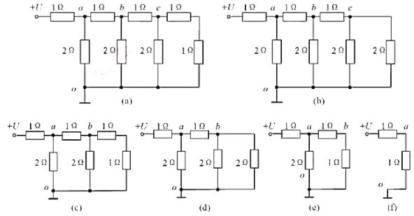 如题图2-7所示梯形网络，若输入电压为U，求Ua、Ub、Uc和Ud。