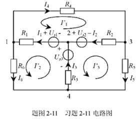 试为题图2-11所示的电路，写出（1)电流定律独立方程（支路电流为未知量);（2)电压定律独立方程（