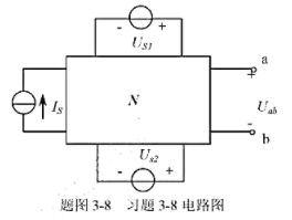 如题图3-8所示电路图,当电压源Us2不变，电流源Is和电压源Us1反向时，电压Uab是原来的0.5