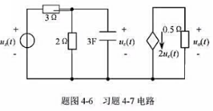 电路如题图4-6所示，已知c（0)=5V。求输出电压ua（t)的零输入响应和零状态响应。电路如题图4