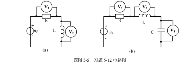 电路如题图5-5所示，电压源均为正弦电压，已知图（a)中电压表读数为V1：30V，V2：60V;图（