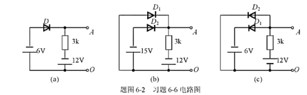 二极管电路如题图6-2所示，判断图中的二极管是导通还是截止，并求出AO两端的电压UAO。请帮忙给出正