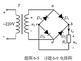 单相桥式整流电路如题图6-5所示。试说明当某只二极管断路时的工作情况，并画出负载电压波形。请帮忙给出