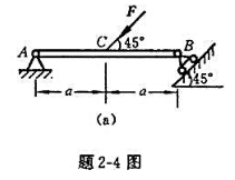 在简支梁AB的中点C作用一个倾斜45°的力F，力的大小等于20kN，如题2-4图（a)所示。若梁重不