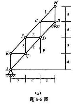 试用截面法计算题6-5图（a)所示桁架1,2,3,4杆内力。试用截面法计算题6-5图(a)所示桁架1