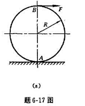 如题6-17图（a)所示，一轮半径为R，在其铅直直径上端点B作用水平力，其大小为F，轮与水平面间的滚