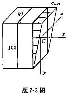 题7-3图所示矩形截面杆，横截面上的正应力沿截面高度线性分布，截面顶边各点处的正应力均为σmax=1