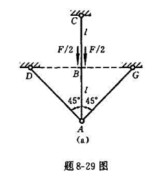 题8-29图（a)所示桁架，各杆的横截面面积与弹性模量均相同，试计算在载荷F作用时各杆的轴力。题8-