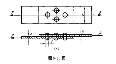 题8-33图（a)所示接头，承受轴向载荷F作用，试校核接头的强度。已知:载荷F=80kN，板宽b=8