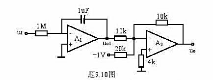题9.10图所示电路为一波形转换电路，输入信号为矩形波，设电容的初始电压为零，试计算t=0、10s、